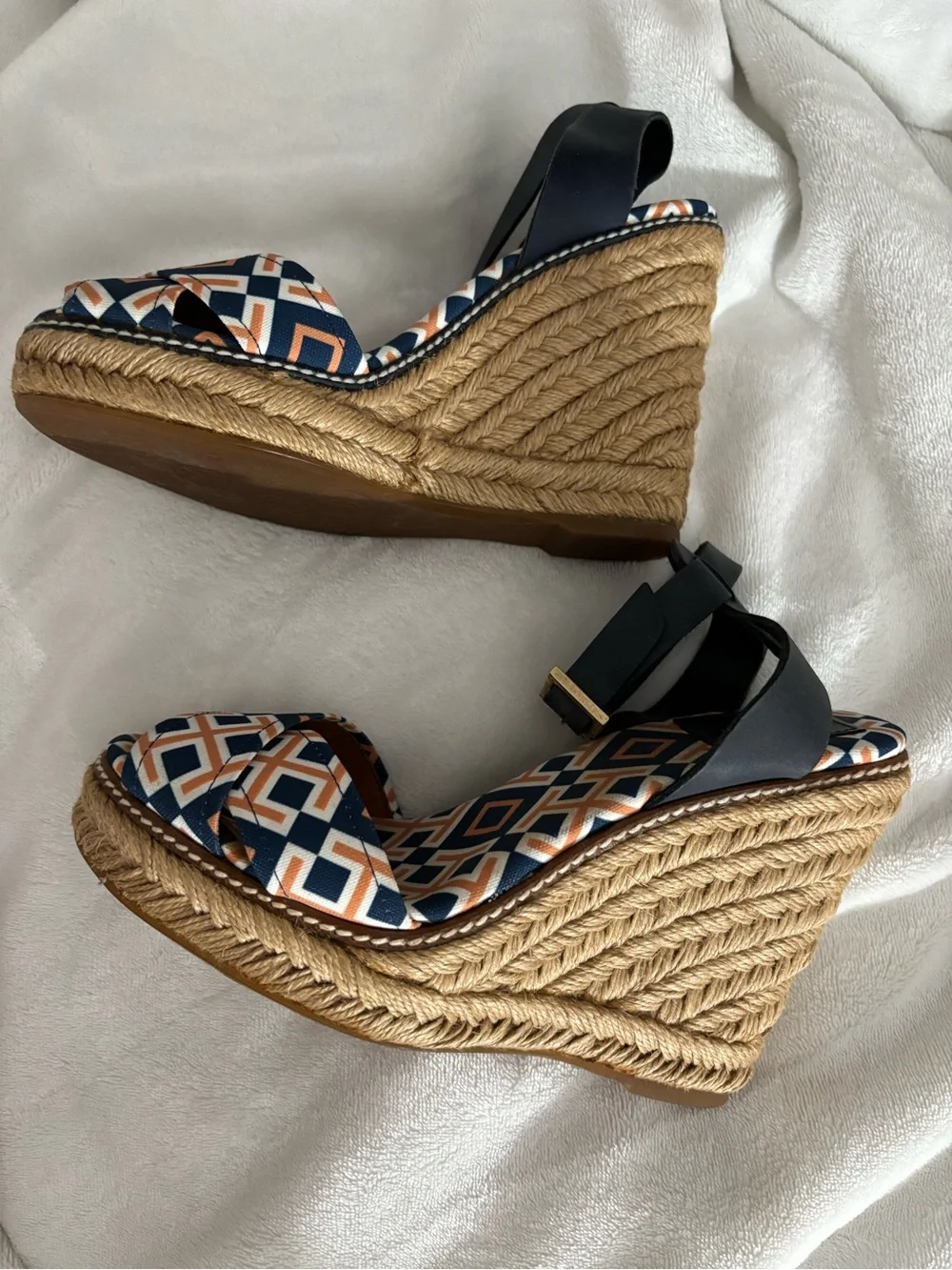 Tory Burch Navy and Tan Geometric Espadrille Wedge Sandals